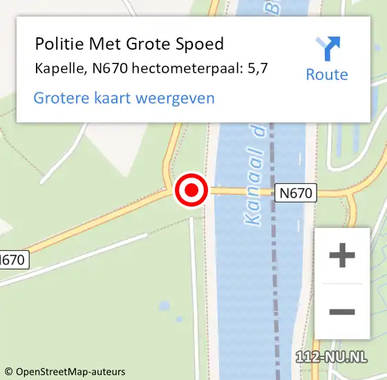 Locatie op kaart van de 112 melding: Politie Met Grote Spoed Naar Kapelle, N670 hectometerpaal: 5,7 op 26 augustus 2022 19:24