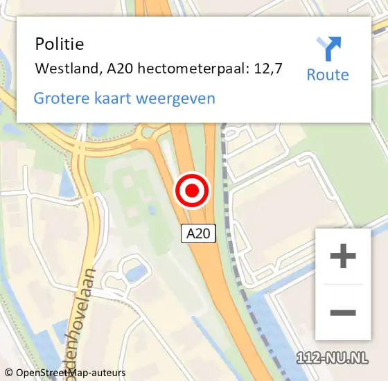 Locatie op kaart van de 112 melding: Politie Westland, A20 hectometerpaal: 12,7 op 26 augustus 2022 19:36