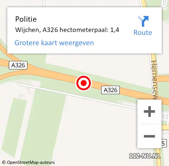 Locatie op kaart van de 112 melding: Politie Wijchen, A326 hectometerpaal: 1,4 op 26 augustus 2022 20:00