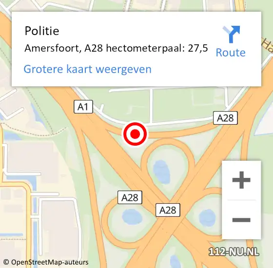 Locatie op kaart van de 112 melding: Politie Amersfoort, A28 hectometerpaal: 27,5 op 27 augustus 2022 00:20