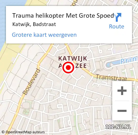 Locatie op kaart van de 112 melding: Trauma helikopter Met Grote Spoed Naar Katwijk, Badstraat op 27 augustus 2022 02:03