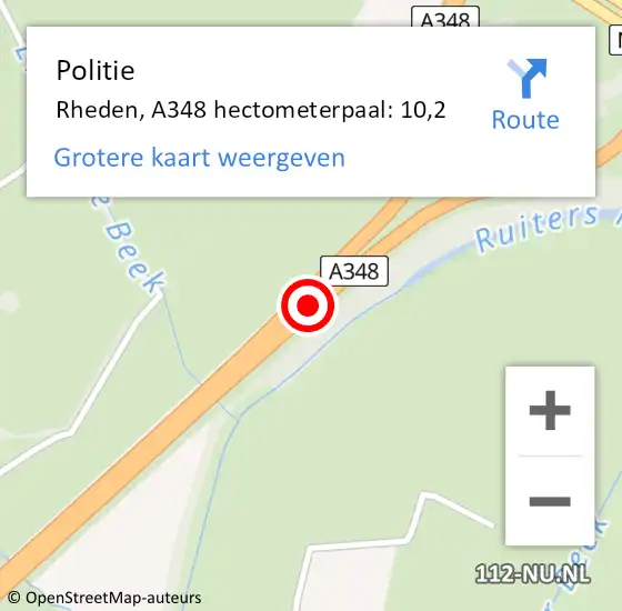 Locatie op kaart van de 112 melding: Politie Rheden, A348 hectometerpaal: 10,2 op 27 augustus 2022 02:11