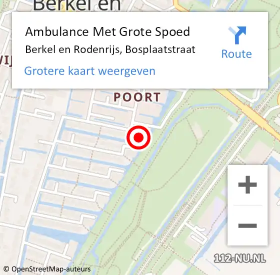 Locatie op kaart van de 112 melding: Ambulance Met Grote Spoed Naar Berkel en Rodenrijs, Bosplaatstraat op 27 augustus 2022 02:34