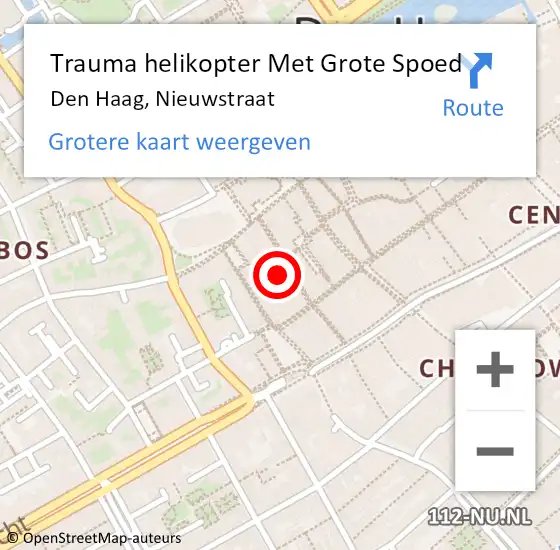 Locatie op kaart van de 112 melding: Trauma helikopter Met Grote Spoed Naar Den Haag, Nieuwstraat op 27 augustus 2022 03:10