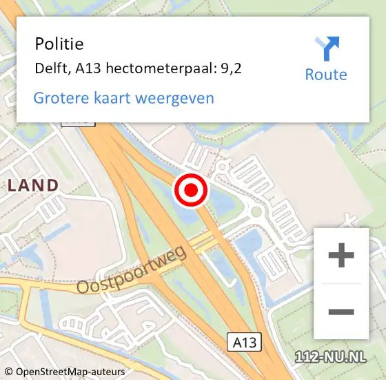 Locatie op kaart van de 112 melding: Politie Delft, A13 hectometerpaal: 9,2 op 27 augustus 2022 03:43