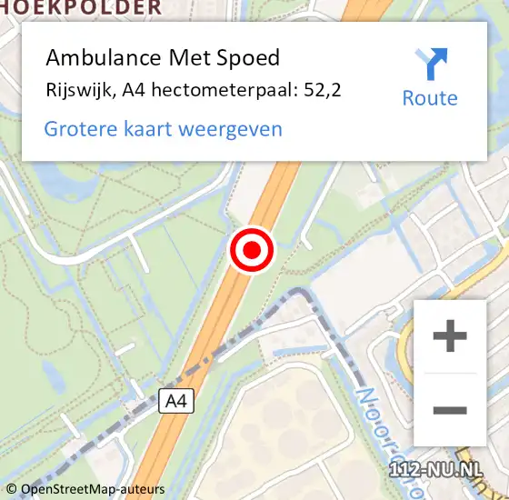 Locatie op kaart van de 112 melding: Ambulance Met Spoed Naar Rijswijk, A4 hectometerpaal: 52,2 op 27 augustus 2022 04:04