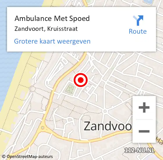 Locatie op kaart van de 112 melding: Ambulance Met Spoed Naar Zandvoort, Kruisstraat op 27 augustus 2022 04:42