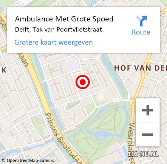 Locatie op kaart van de 112 melding: Ambulance Met Grote Spoed Naar Delft, Tak van Poortvlietstraat op 27 augustus 2022 07:21