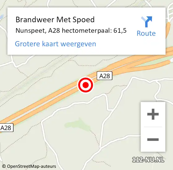 Locatie op kaart van de 112 melding: Brandweer Met Spoed Naar Nunspeet, A28 hectometerpaal: 61,5 op 27 augustus 2022 08:53