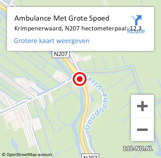 Locatie op kaart van de 112 melding: Ambulance Met Grote Spoed Naar Krimpenerwaard, N207 hectometerpaal: 12,3 op 27 augustus 2022 11:49