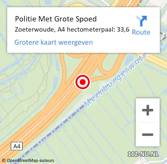 Locatie op kaart van de 112 melding: Politie Met Grote Spoed Naar Zoeterwoude, A4 hectometerpaal: 33,6 op 27 augustus 2022 12:40