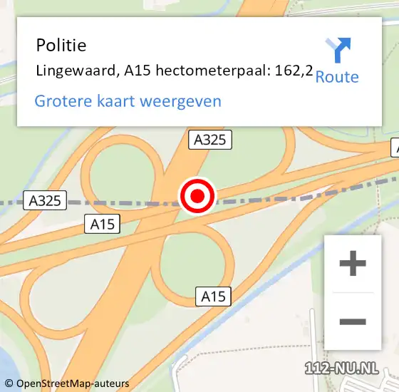 Locatie op kaart van de 112 melding: Politie Lingewaard, A15 hectometerpaal: 162,2 op 27 augustus 2022 13:11