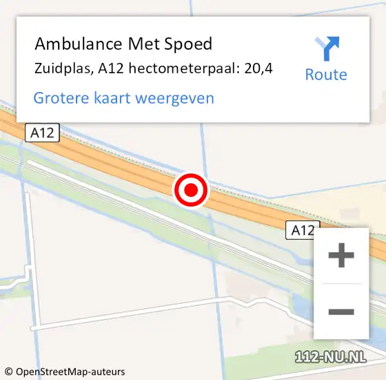 Locatie op kaart van de 112 melding: Ambulance Met Spoed Naar Zuidplas, A12 hectometerpaal: 20,4 op 27 augustus 2022 13:46