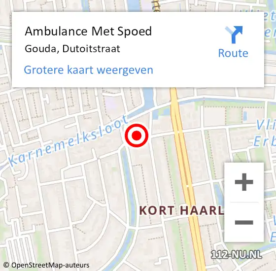 Locatie op kaart van de 112 melding: Ambulance Met Spoed Naar Gouda, Dutoitstraat op 27 augustus 2022 14:14