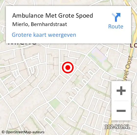 Locatie op kaart van de 112 melding: Ambulance Met Grote Spoed Naar Mierlo, Bernhardstraat op 27 juli 2014 20:48