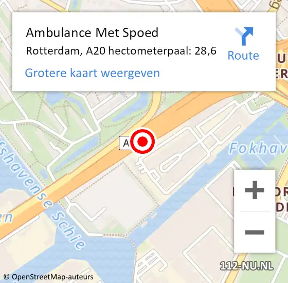 Locatie op kaart van de 112 melding: Ambulance Met Spoed Naar Rotterdam, A20 hectometerpaal: 28,6 op 27 augustus 2022 14:43
