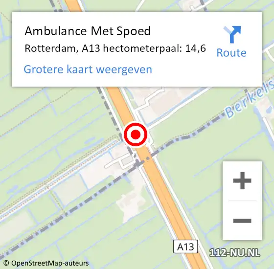 Locatie op kaart van de 112 melding: Ambulance Met Spoed Naar Rotterdam, A13 hectometerpaal: 14,6 op 27 augustus 2022 15:07