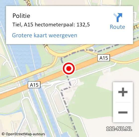 Locatie op kaart van de 112 melding: Politie Tiel, A15 hectometerpaal: 132,5 op 27 augustus 2022 15:14