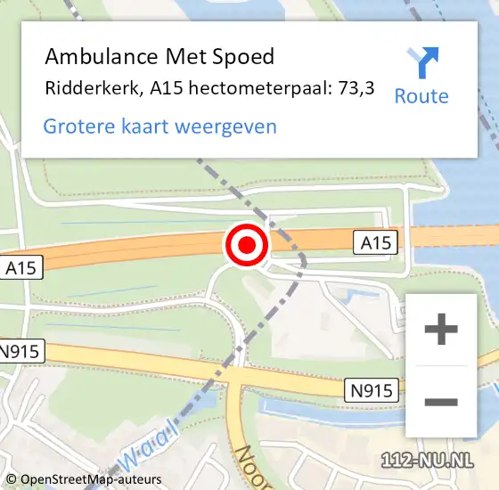 Locatie op kaart van de 112 melding: Ambulance Met Spoed Naar Ridderkerk, A15 hectometerpaal: 73,3 op 27 augustus 2022 18:36