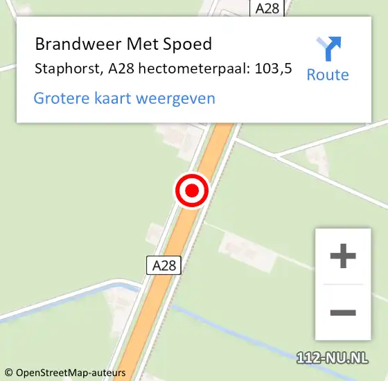 Locatie op kaart van de 112 melding: Brandweer Met Spoed Naar Staphorst, A28 hectometerpaal: 103,5 op 27 augustus 2022 20:37