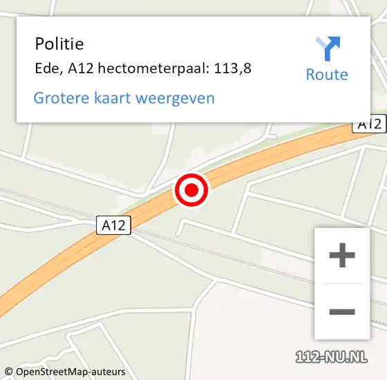 Locatie op kaart van de 112 melding: Politie Ede, A12 hectometerpaal: 113,8 op 27 augustus 2022 21:41