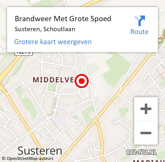 Locatie op kaart van de 112 melding: Brandweer Met Grote Spoed Naar Susteren, Schoutlaan op 27 augustus 2022 21:45