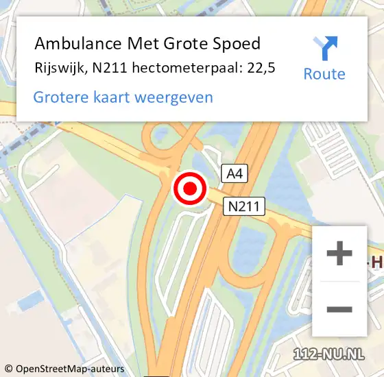 Locatie op kaart van de 112 melding: Ambulance Met Grote Spoed Naar Rijswijk, N211 hectometerpaal: 22,5 op 27 augustus 2022 21:58