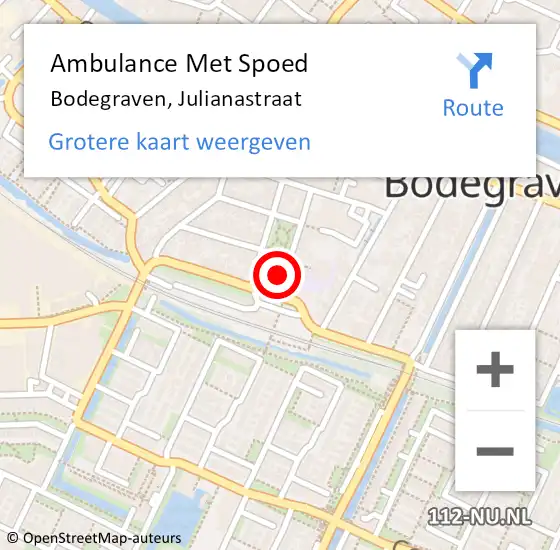 Locatie op kaart van de 112 melding: Ambulance Met Spoed Naar Bodegraven, Julianastraat op 27 augustus 2022 23:30