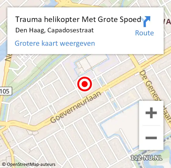 Locatie op kaart van de 112 melding: Trauma helikopter Met Grote Spoed Naar Den Haag, Capadosestraat op 27 augustus 2022 23:31