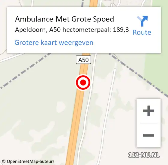 Locatie op kaart van de 112 melding: Ambulance Met Grote Spoed Naar Apeldoorn, A50 hectometerpaal: 189,3 op 27 augustus 2022 23:51