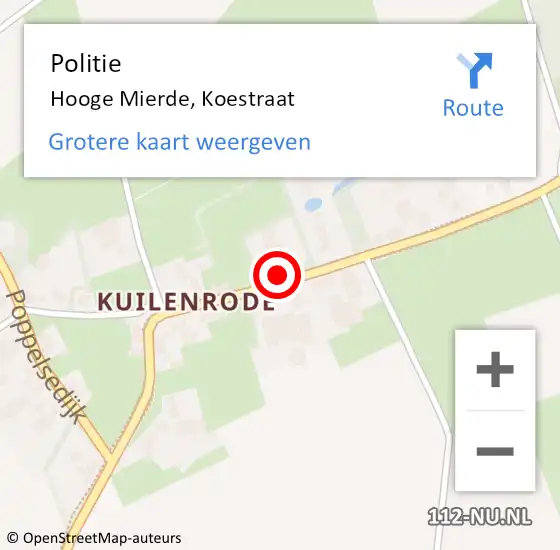 Locatie op kaart van de 112 melding: Politie Hooge Mierde, Koestraat op 28 augustus 2022 00:03