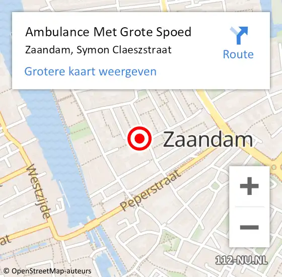 Locatie op kaart van de 112 melding: Ambulance Met Grote Spoed Naar Zaandam, Symon Claeszstraat op 28 augustus 2022 01:25