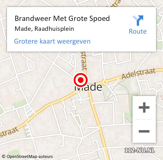 Locatie op kaart van de 112 melding: Brandweer Met Grote Spoed Naar Made, Raadhuisplein op 28 augustus 2022 02:26