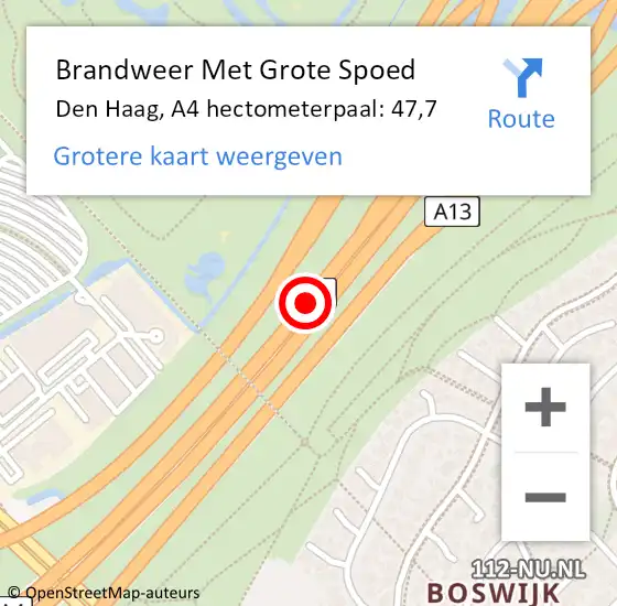 Locatie op kaart van de 112 melding: Brandweer Met Grote Spoed Naar Den Haag, A4 hectometerpaal: 47,7 op 28 augustus 2022 03:57