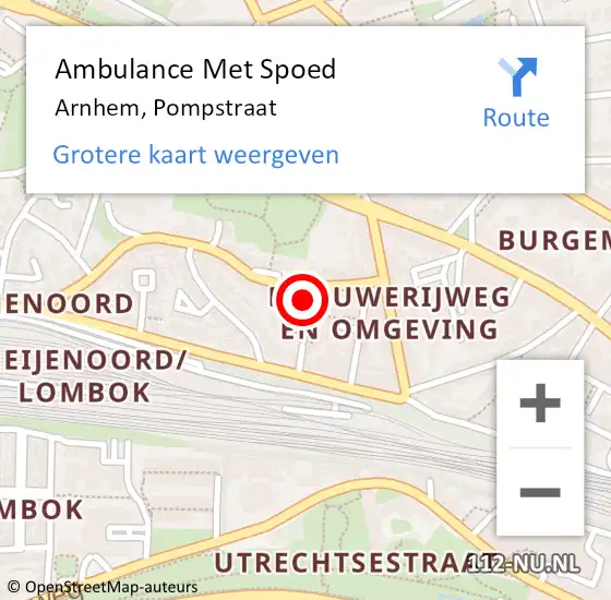 Locatie op kaart van de 112 melding: Ambulance Met Spoed Naar Arnhem, Pompstraat op 28 augustus 2022 05:12