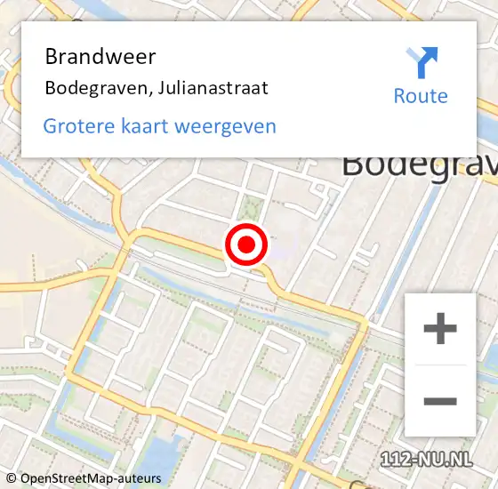 Locatie op kaart van de 112 melding: Brandweer Bodegraven, Julianastraat op 28 augustus 2022 06:53