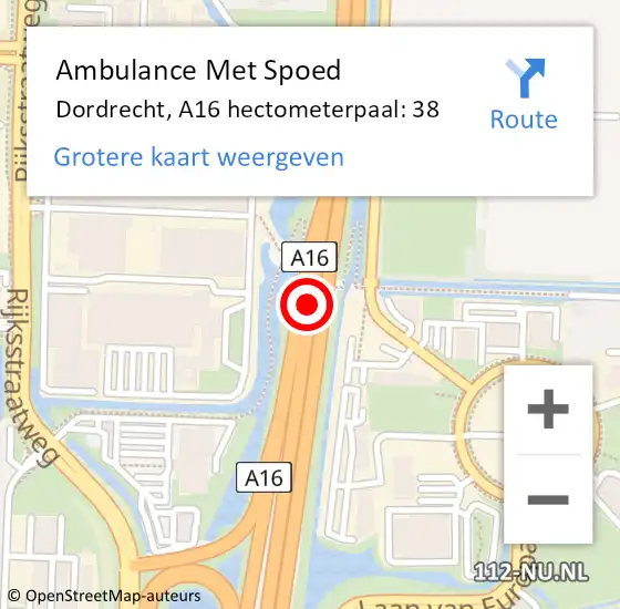 Locatie op kaart van de 112 melding: Ambulance Met Spoed Naar Dordrecht, A16 hectometerpaal: 38 op 28 augustus 2022 09:23