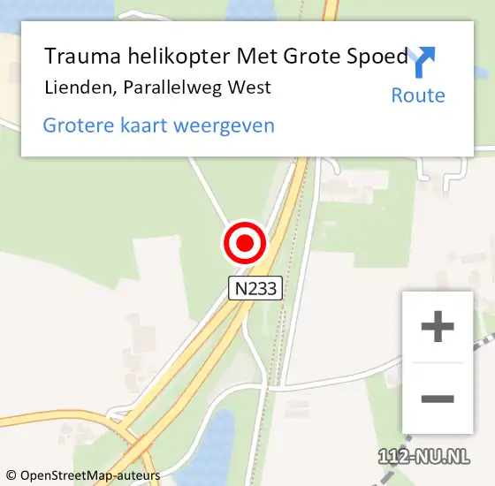 Locatie op kaart van de 112 melding: Trauma helikopter Met Grote Spoed Naar Lienden, Parallelweg West op 28 augustus 2022 10:02
