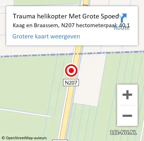 Locatie op kaart van de 112 melding: Trauma helikopter Met Grote Spoed Naar Kaag en Braassem, N207 hectometerpaal: 40,1 op 28 augustus 2022 12:26