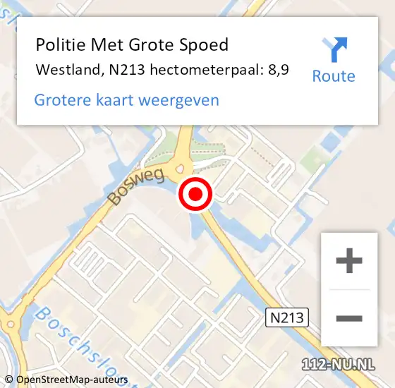 Locatie op kaart van de 112 melding: Politie Met Grote Spoed Naar Westland, N213 hectometerpaal: 8,9 op 28 augustus 2022 13:34