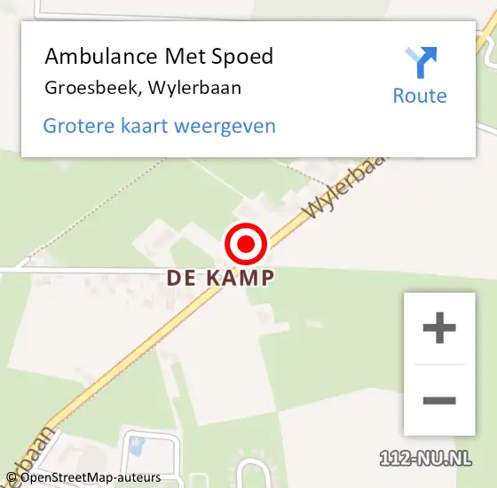Locatie op kaart van de 112 melding: Ambulance Met Spoed Naar Groesbeek, Wylerbaan op 28 augustus 2022 13:40