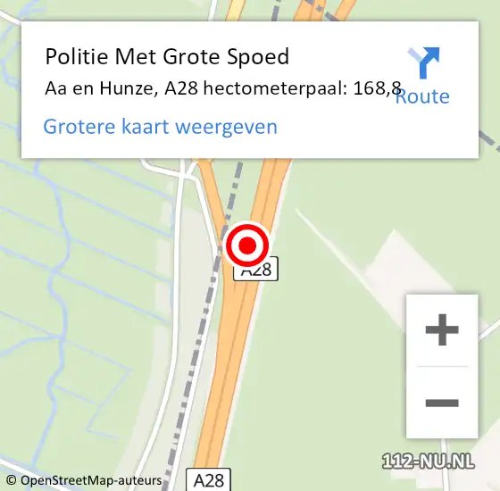 Locatie op kaart van de 112 melding: Politie Met Grote Spoed Naar Aa en Hunze, A28 hectometerpaal: 168,8 op 28 augustus 2022 14:46