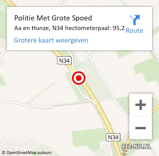 Locatie op kaart van de 112 melding: Politie Met Grote Spoed Naar Aa en Hunze, N34 hectometerpaal: 95,2 op 28 augustus 2022 15:22