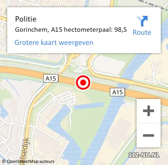 Locatie op kaart van de 112 melding: Politie Gorinchem, A15 hectometerpaal: 98,5 op 28 augustus 2022 15:23