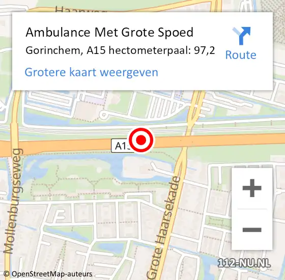 Locatie op kaart van de 112 melding: Ambulance Met Grote Spoed Naar Gorinchem, A15 hectometerpaal: 97,2 op 28 augustus 2022 15:26