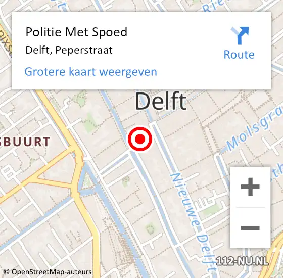 Locatie op kaart van de 112 melding: Politie Met Spoed Naar Delft, Peperstraat op 28 augustus 2022 15:35