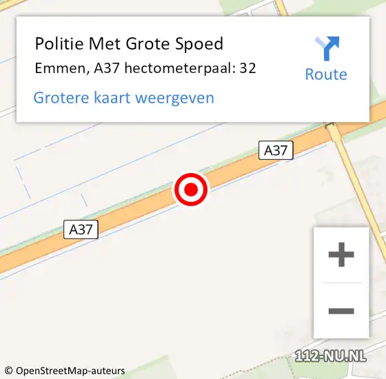 Locatie op kaart van de 112 melding: Politie Met Grote Spoed Naar Emmen, A37 hectometerpaal: 32 op 28 augustus 2022 17:46