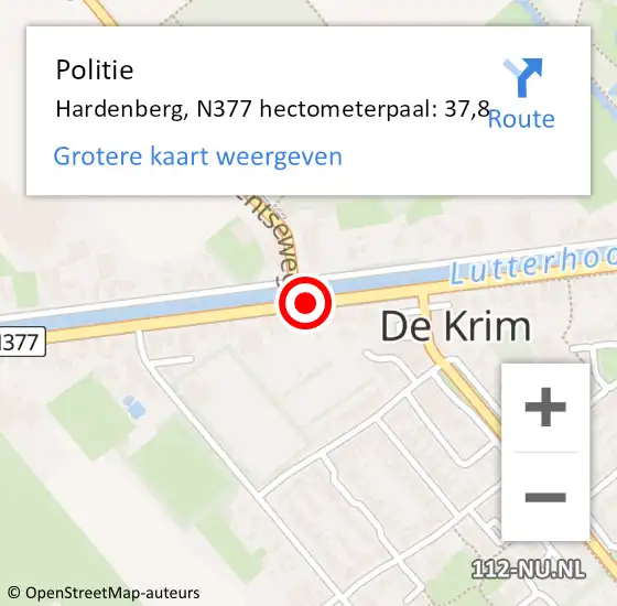Locatie op kaart van de 112 melding: Politie Hardenberg, N377 hectometerpaal: 37,8 op 28 augustus 2022 19:26