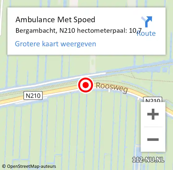 Locatie op kaart van de 112 melding: Ambulance Met Spoed Naar Bergambacht, N210 hectometerpaal: 10,7 op 28 augustus 2022 20:07