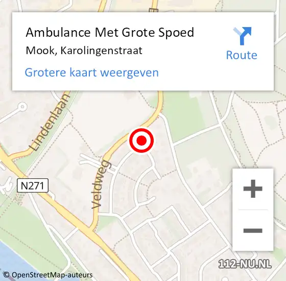 Locatie op kaart van de 112 melding: Ambulance Met Grote Spoed Naar Mook, Karolingenstraat op 28 augustus 2022 20:08